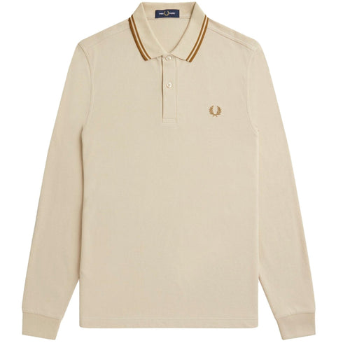 FRED PERRY M3636 691 OATMEAL LS TWIN TIPPED POLO SHIRT S